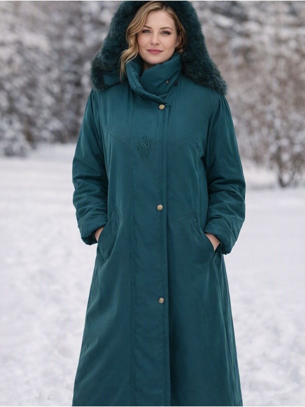 Vintage 80s Teal Long Women's Winter Coat with Detachable Fox Fur Hood. Size XS